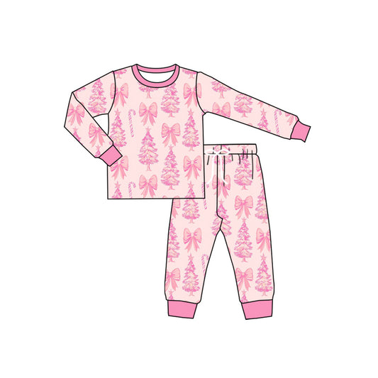 Preorder moq 5 Baby Girls Pink Bows Trees Top Pant Christmas Pajamas Set