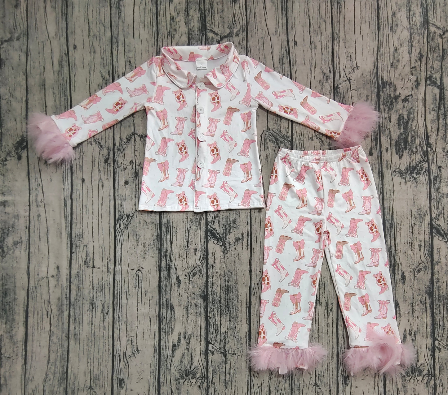 Baby Girls Pink Fur Sleeves Bows Boots Plaid Button Top Pant Pajamas Set