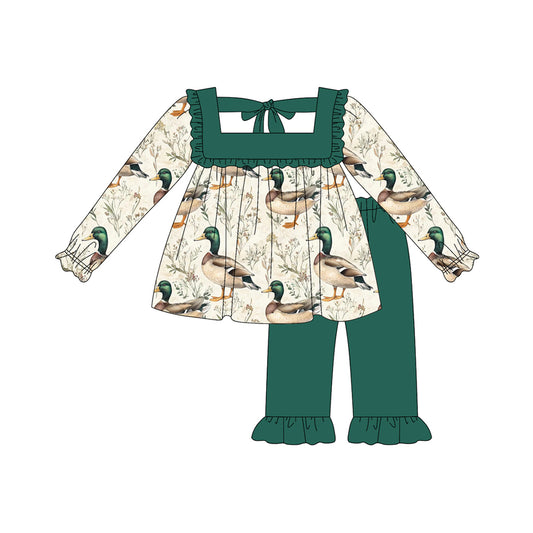 Baby Girls Long Sleeves Green Ducks Tunic Ruffle Pant Set Preorder