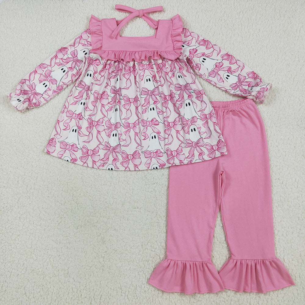 Baby Girls Halloween Pink Bows Ghosts Tunic Ruffle Pant Sets