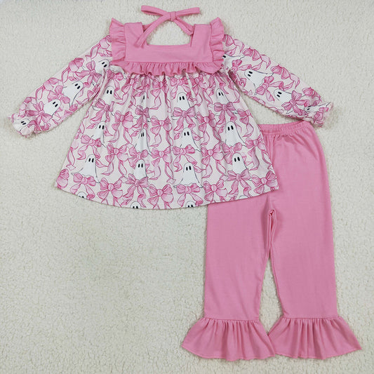 Baby Girls Halloween Pink Bows Ghosts Tunic Ruffle Pant Sets
