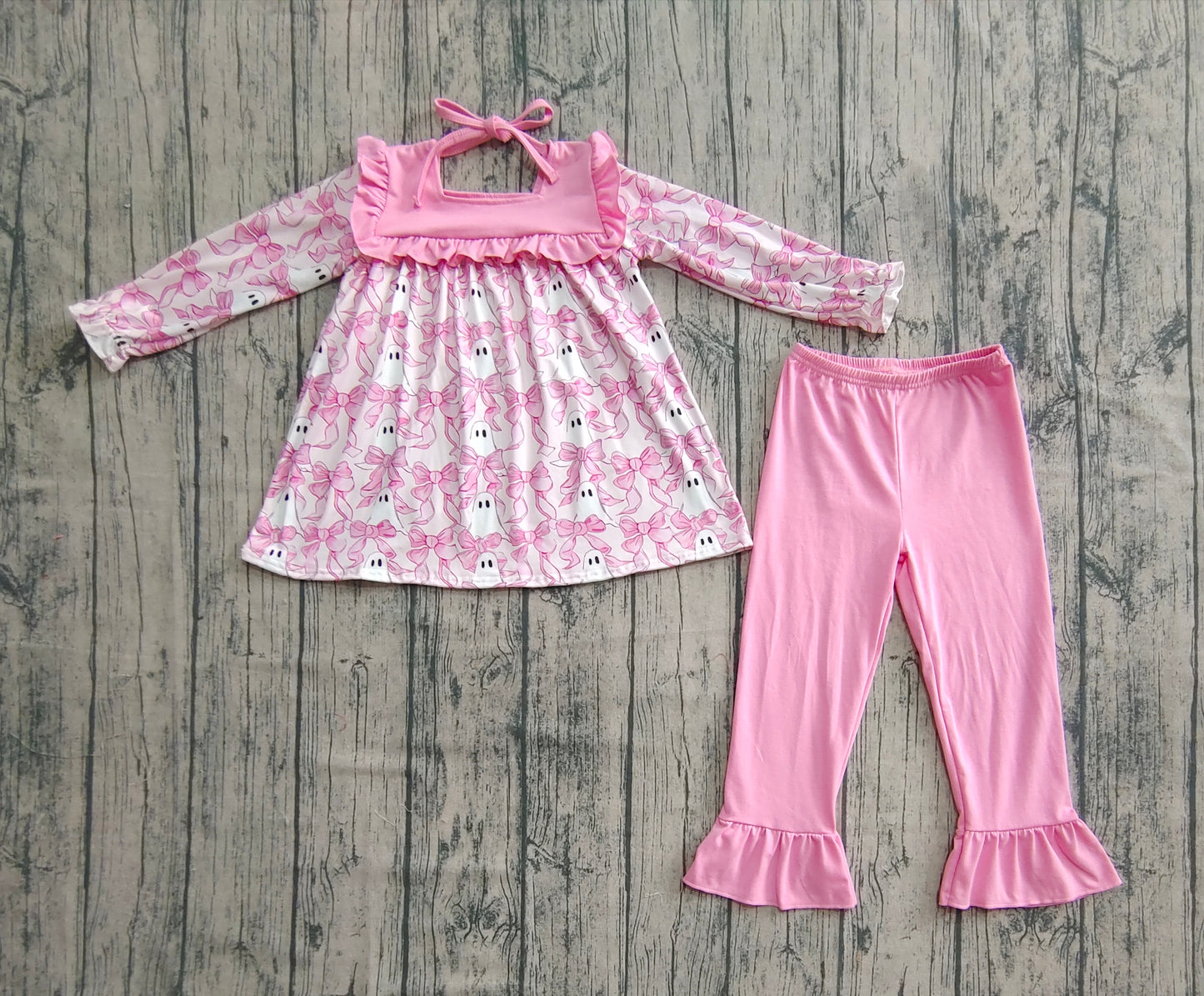 Baby Girls Halloween Pink Bows Ghosts Tunic Ruffle Pant Sets