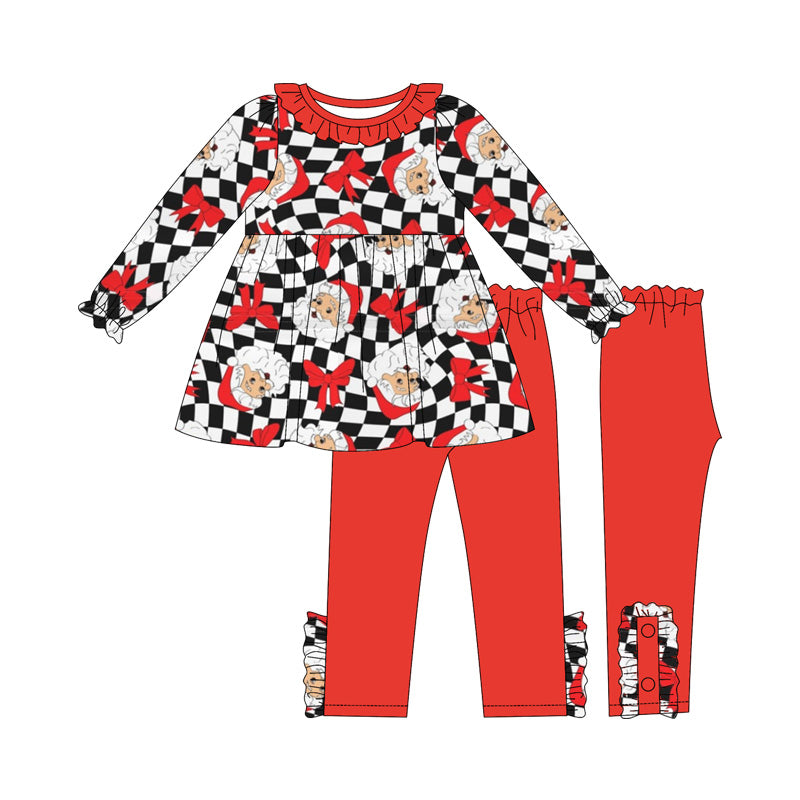 Baby Girls Long Sleeves Black Plaid Bows Santa Tunic Legging Pants Set Preorder