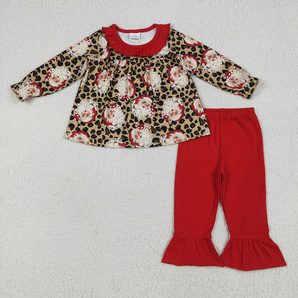 Baby Girls Christmas Leopard Santa Tunic Ruffle Pants Sets