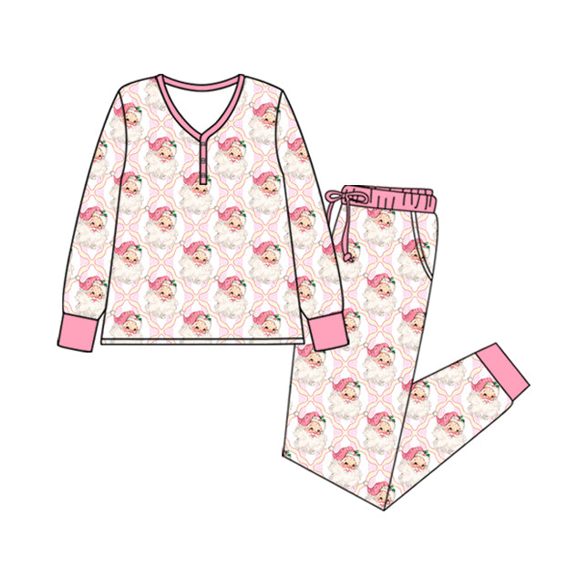Adult Women Long Sleeves Pink Santa Plaid Top Pants Pajamas Set Preorder