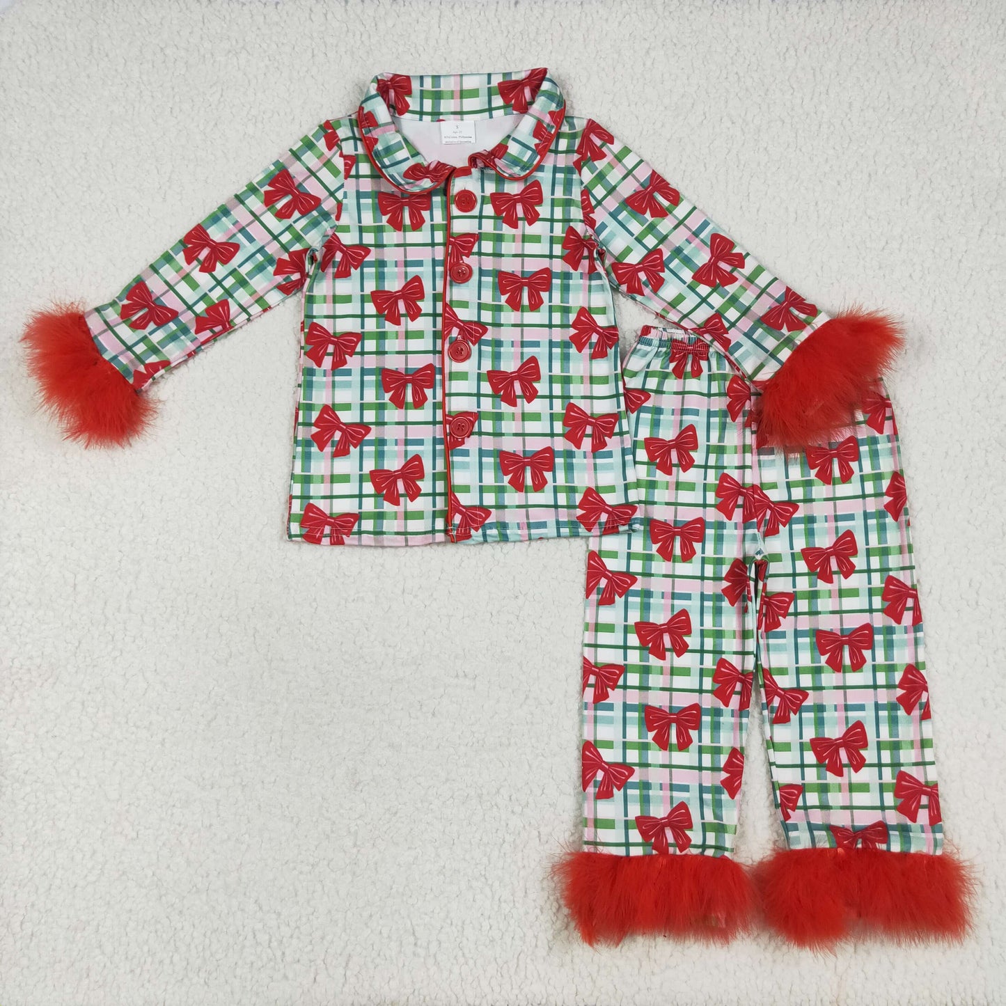 Sibling Baby Girls Sister Christmas Green Face Bows Buttons Top Pants Fur Pajamas Clothes Sets