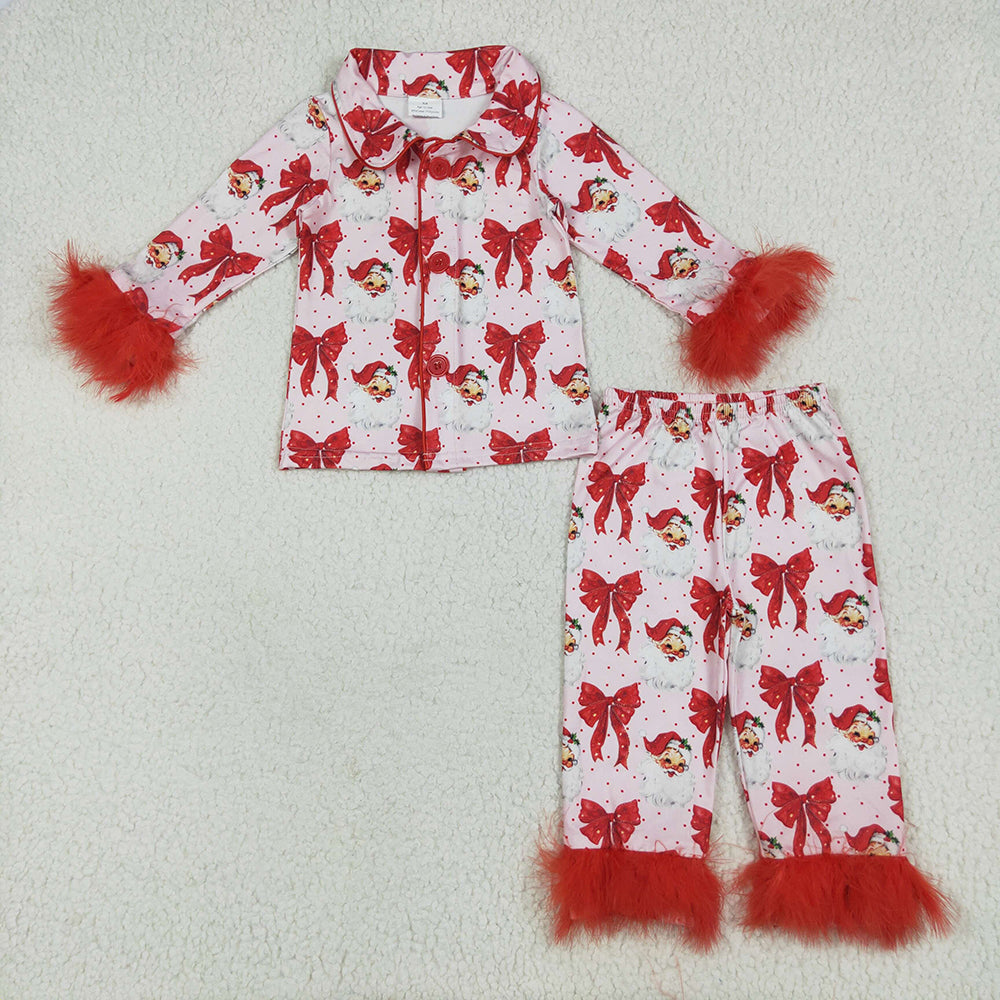 Baby Girls Red Christmas Fur Bows Santa Button Top Pants Pajamas Sets
