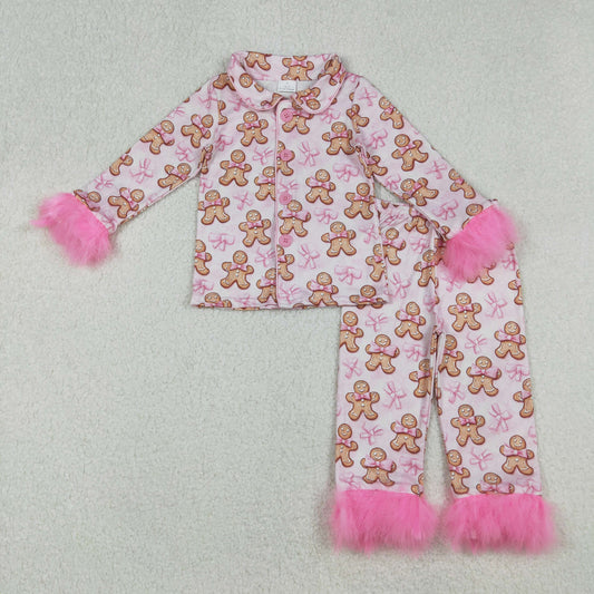 Baby Girls Pink Fur Gingerbread Button Top Pants Christmas Pajamas Sets