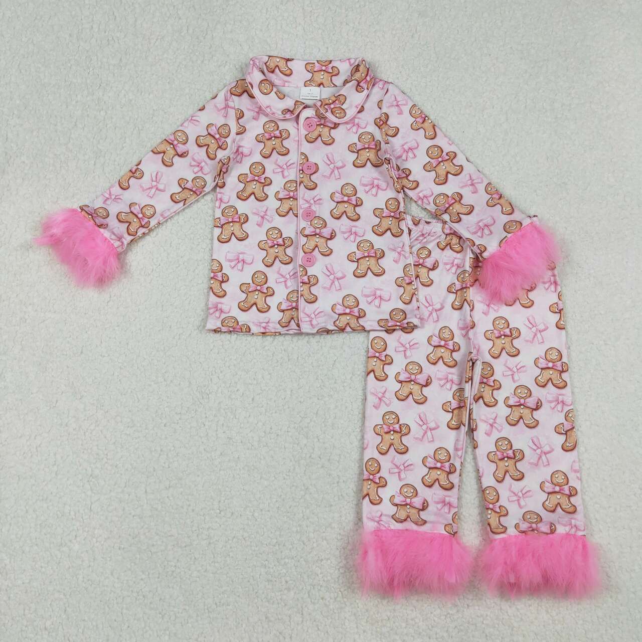 Mama and Me Pink Bows Gingerbread Button Top Pants Christmas Fur Pajamas Sets