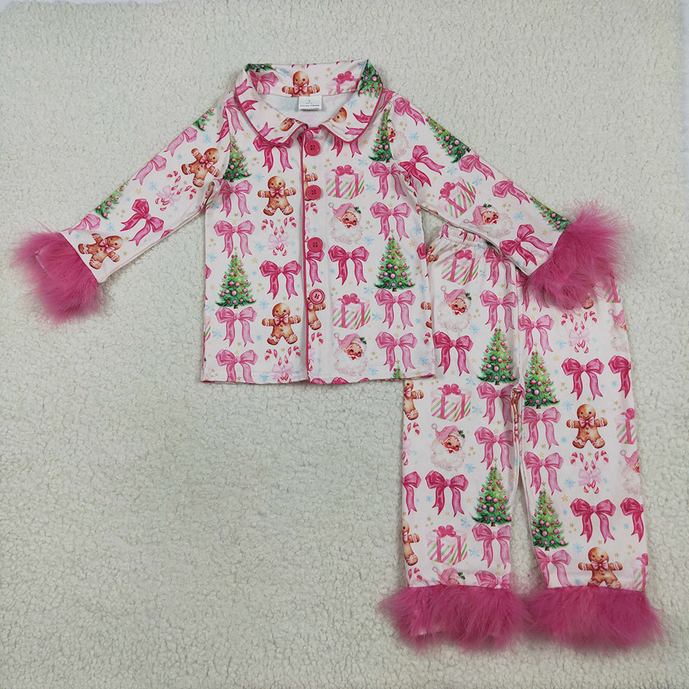 Baby Girls Christmas With Fur Bows Gingerbread Trees Button Top Pants Pajamas Sets
