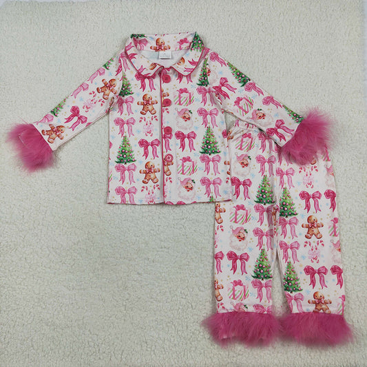 Baby Girls Christmas With Fur Bows Gingerbread Trees Button Top Pants Pajamas Sets