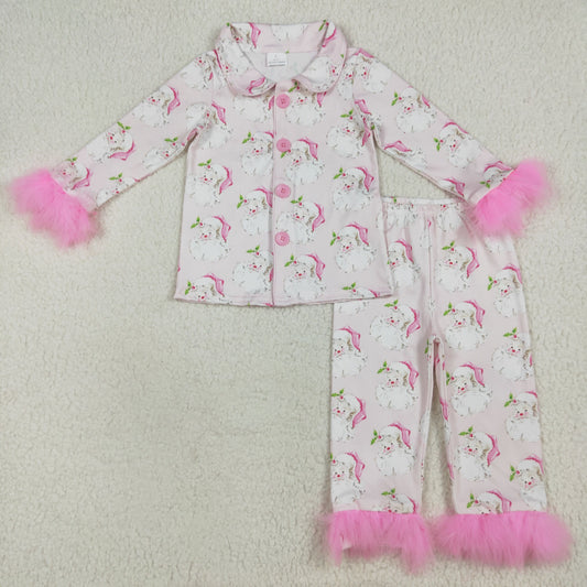 Baby Girls Pink Christmas With Fur Santa Button Top Pants Pajamas Sets