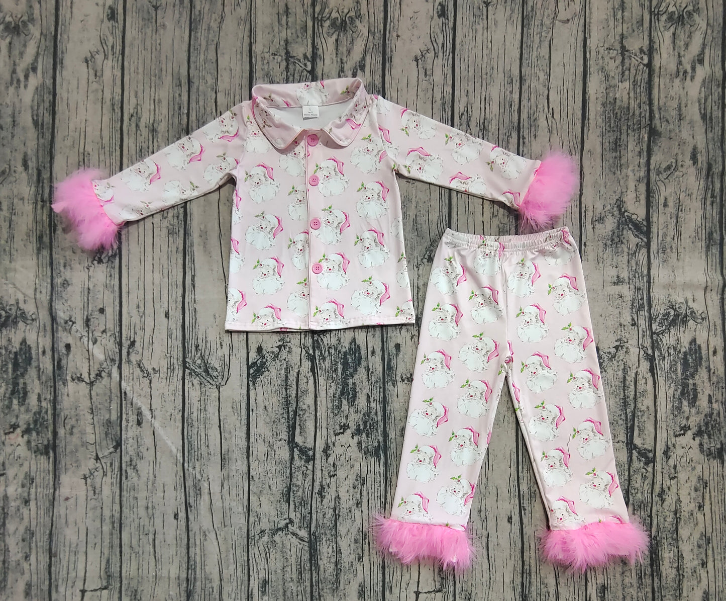 Baby Girls Pink Christmas With Fur Santa Button Top Pants Pajamas Sets
