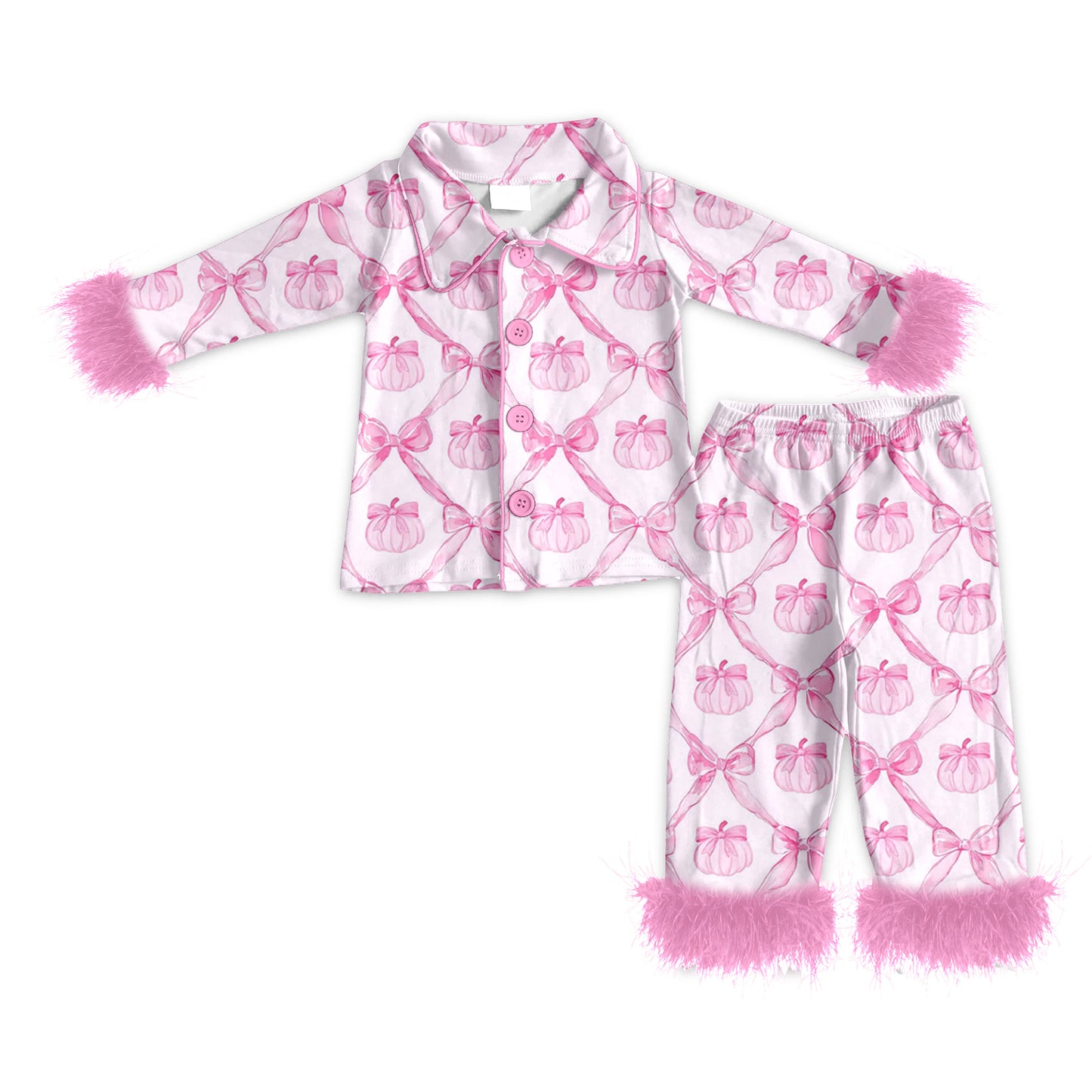 Baby Girls Pink Long Sleeves With Fur Bows Pumpkins Button Top Pants Pajamas Set Preorder