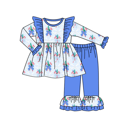 Baby Girls Blue Long Sleeves Bows Candy Cane Tunic Ruffle Pants Set Preorder