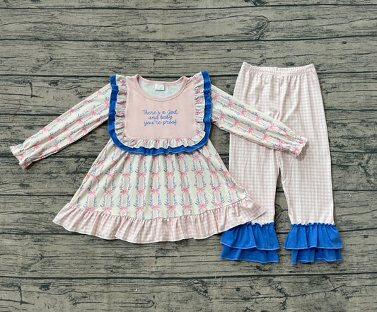 Baby Girls Long Sleeves Pink God Floral Stripe Tunic Ruffle Pants Set
