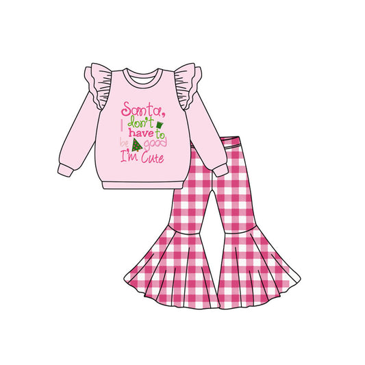 Baby Girls Pink Long Sleeves Santa,I'm Cute Top Plaid Bell Bottom Pants Set Preorder