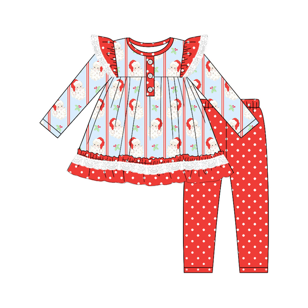Preorder moq 5 Baby Girls Long Sleeves Santa Stripe Button Tunic Polka Dots Legging Pants Set