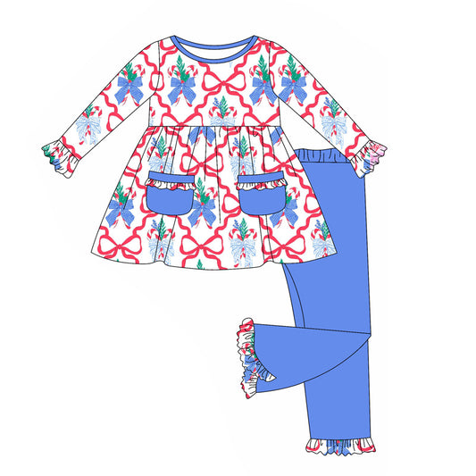 Baby Girls Bows Plaid Gingerbread Pocket Tunic Legging Pants Set Preorder