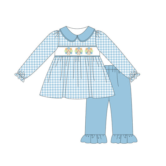 Baby Girls Blue Long Sleeves Turkey Tunic Ruffle Pants Clothes Set Preorder