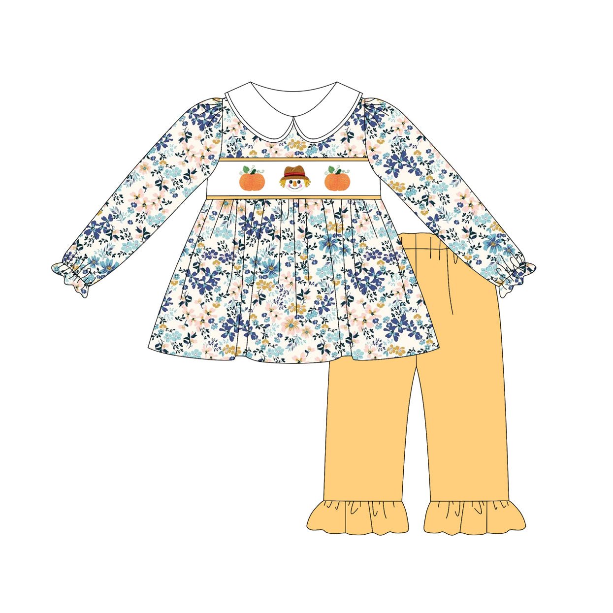 Baby Girls Long Sleeves Pumpkins Floral Tunic Yellow Ruffle Pant Clothes Set Preorder