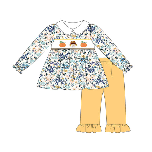 Baby Girls Long Sleeves Pumpkins Floral Tunic Yellow Ruffle Pant Clothes Set Preorder