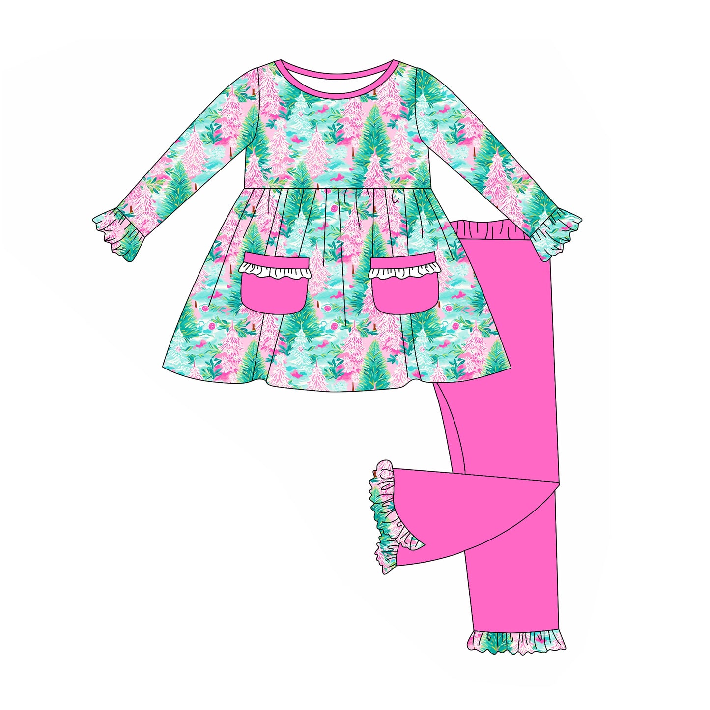 Baby Girls Long Sleeves Floral Trees Pockets Tunic Pink Ruffle Pant Clothes Set Preorder