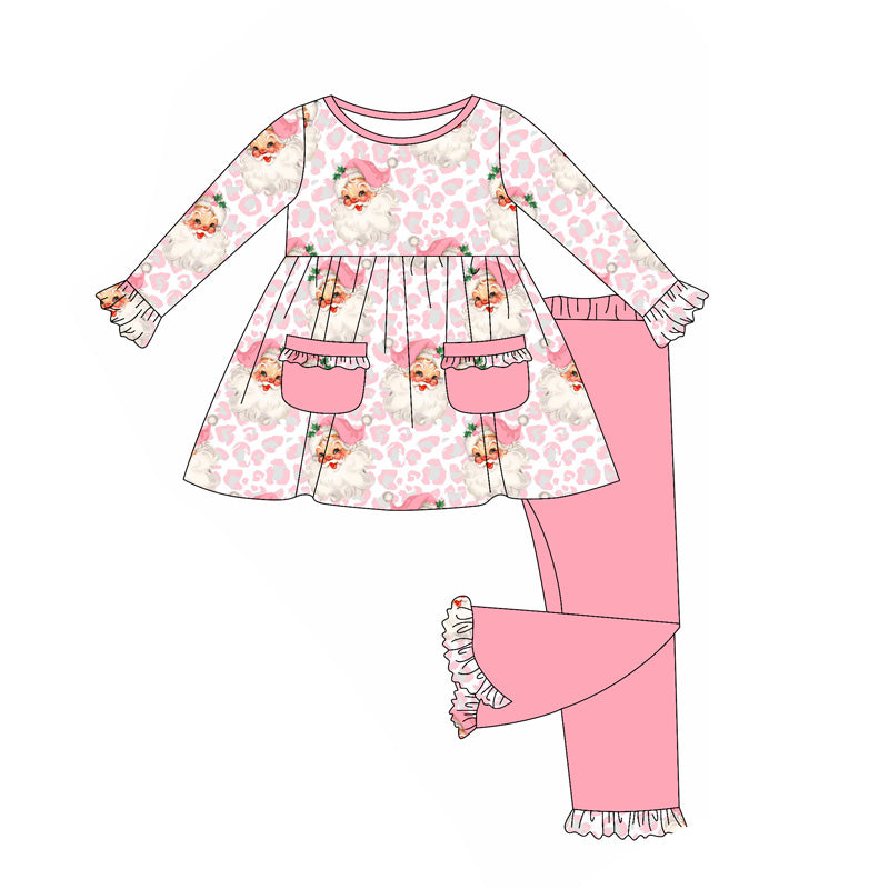 Baby Girls Long Sleeves Pink Leopard Santa Pockets Tunic Ruffle Pant Clothes Set Preorder
