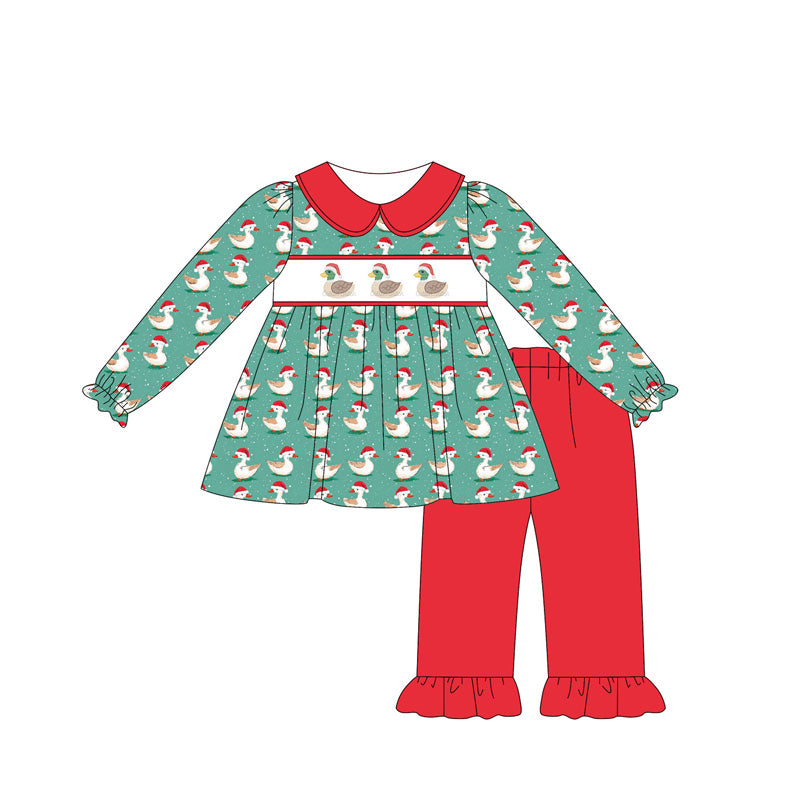 Baby Girls Long Sleeves Green Ducks Plaid Tunic Red Ruffle Pant Clothes Set Preorder