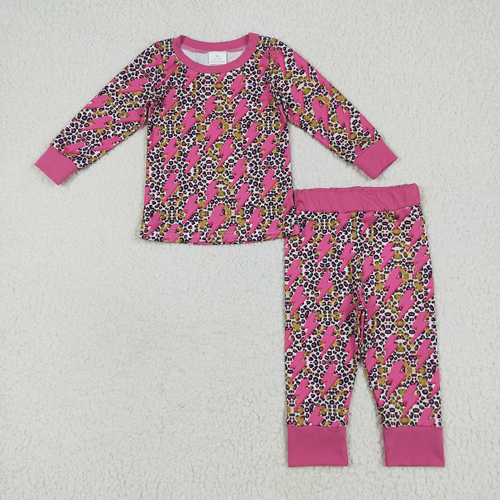 Baby Girls Long Sleeves Pink Lightning Leopard Top Pant Pajamas Sets