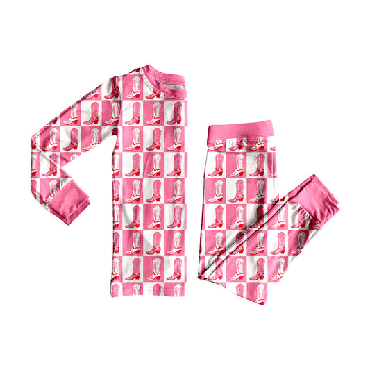Baby Girls Long Sleeves Light Pink Boots Plaid Top Pant Pajamas Set Preorder