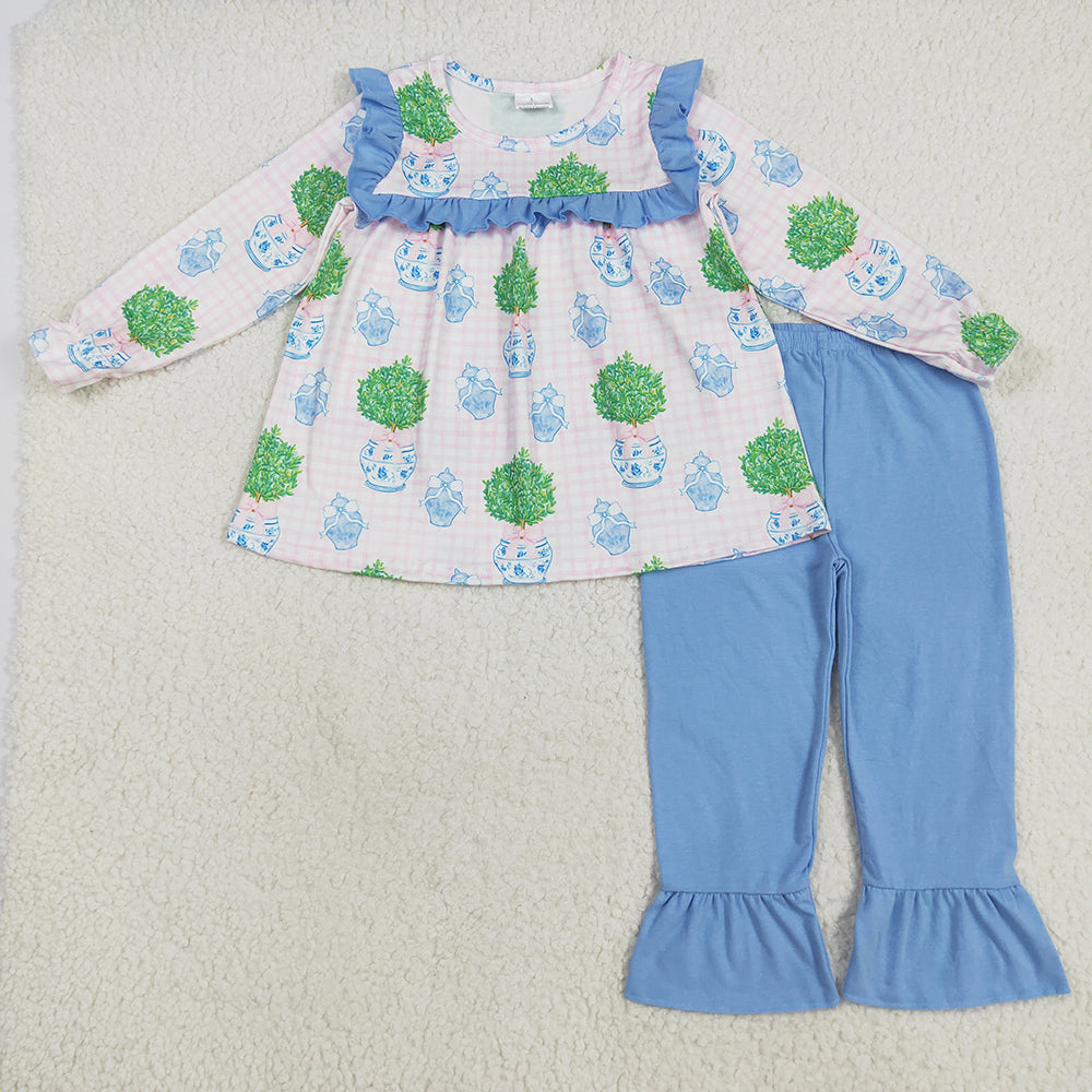 Baby Girls Pink Long Sleeves Plants Tunic Blue Ruffle Pants Sets