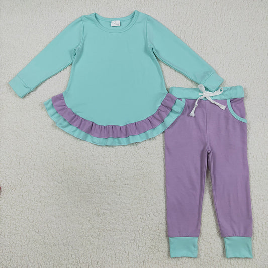 Baby Girls Aqua Long Sleeves Ruffle Top Lavender Pockets Legging Pants Sets