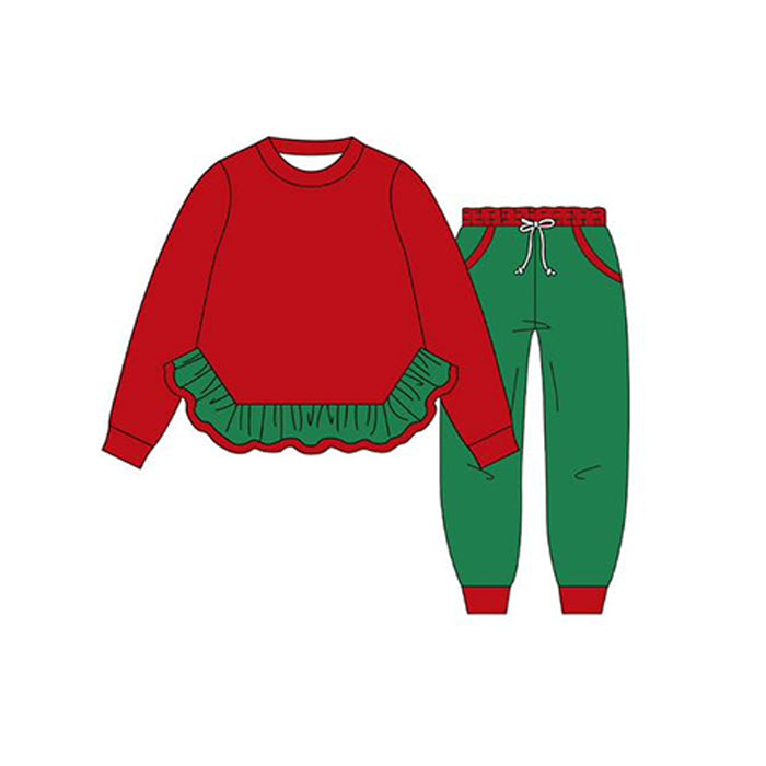 Preorder moq 5 Baby Girls Red Shirts Top Green Pockets Legging Pant Christmas Set