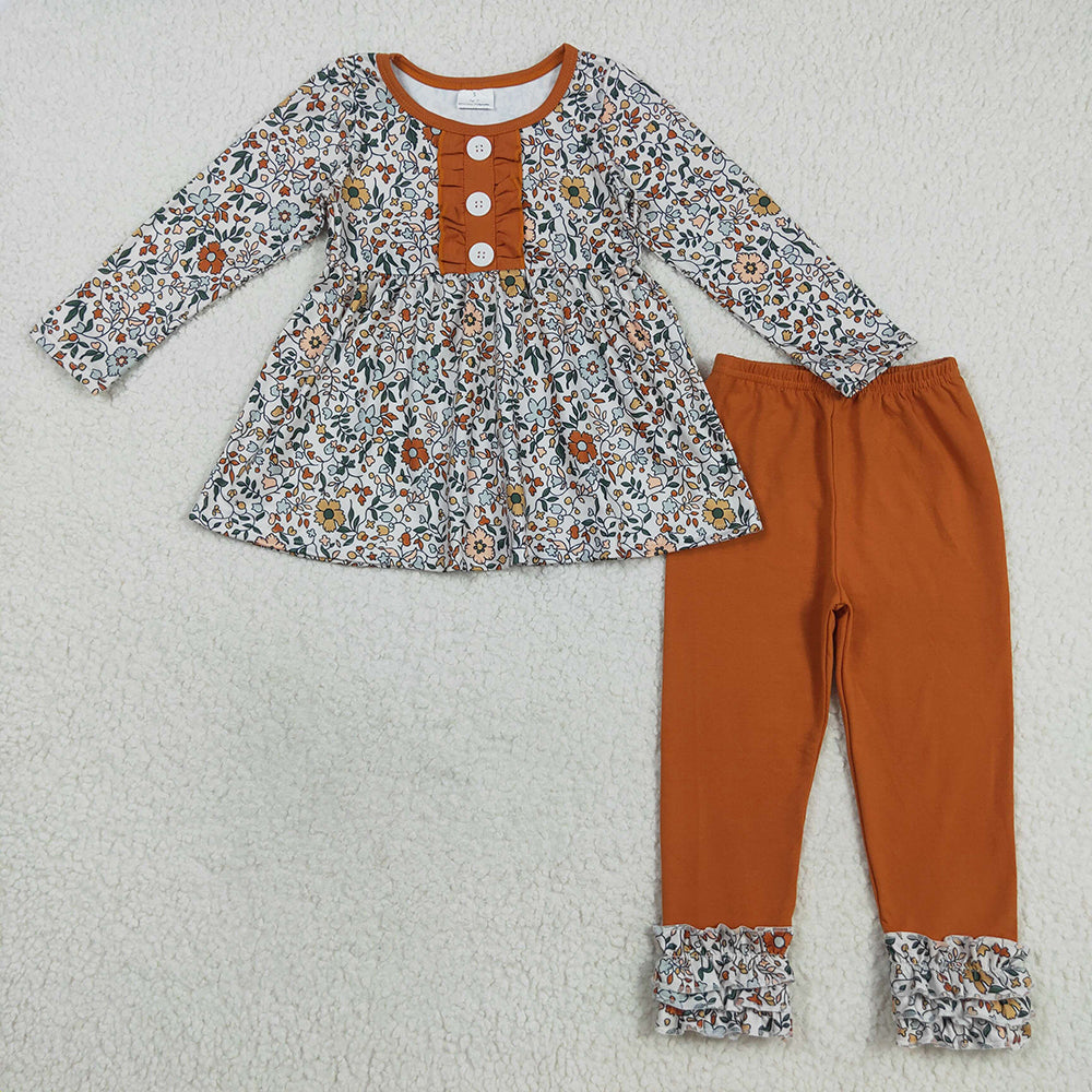Baby Girls Fall Orange Floral Button Tunic Icing Legging Outfits Sets