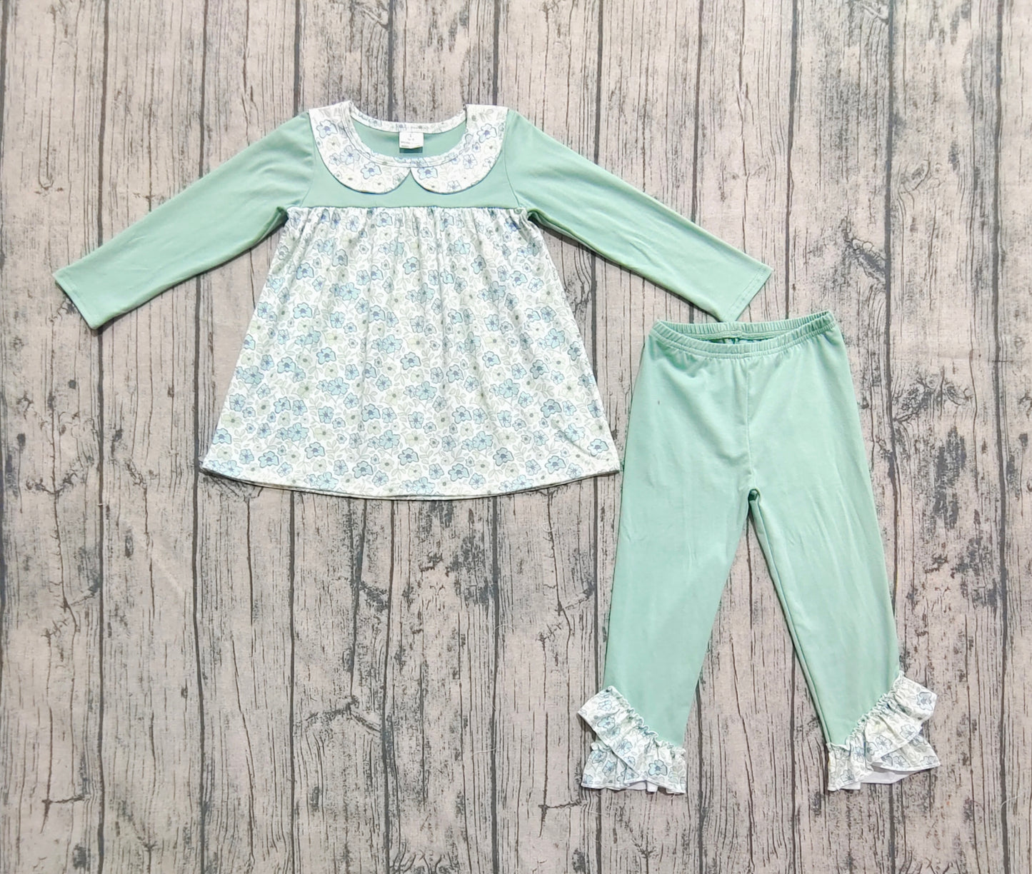 Baby Girls Green Long Sleeves Floral Tunic Ruffle Pants Clothes Sets