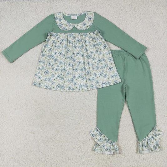 Baby Girls Green Long Sleeves Floral Tunic Ruffle Pants Clothes Sets