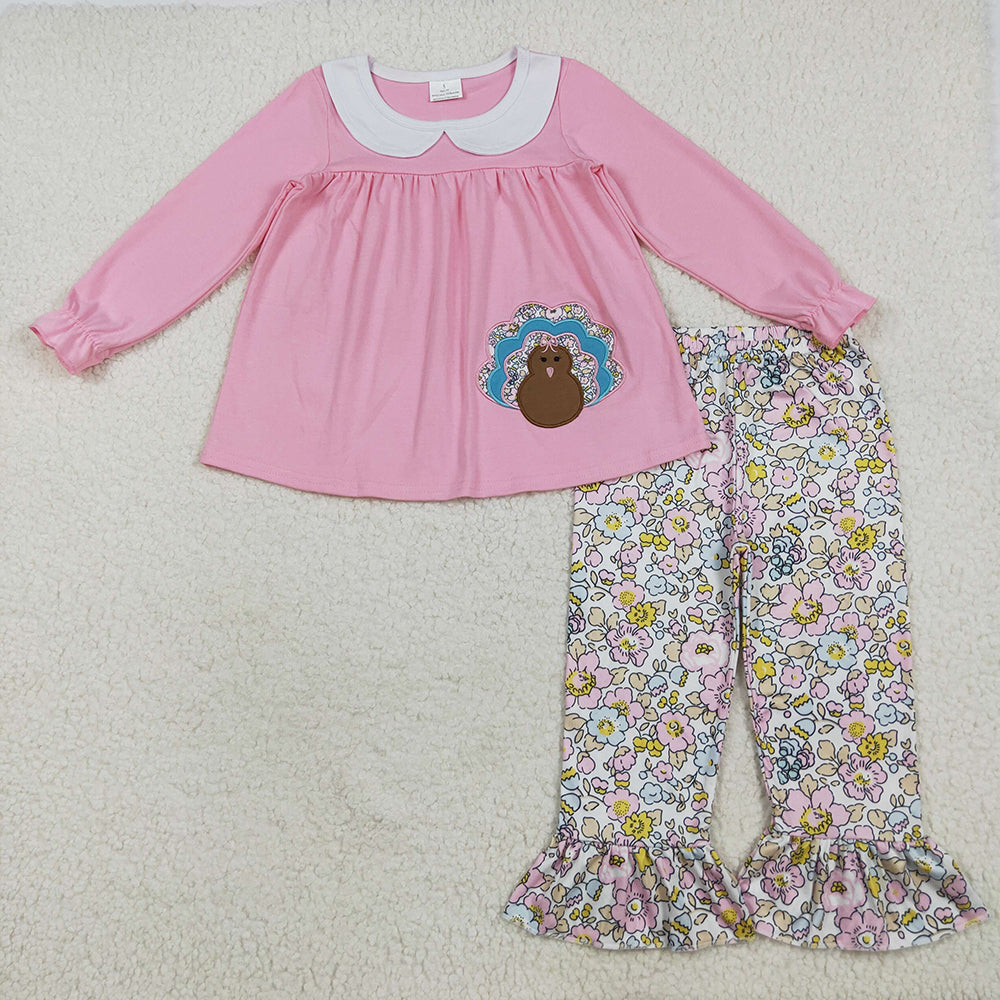 Embroidery Baby Girls Pink Thanksgiving Turkey Tunic Floral Ruffle Pants Sets