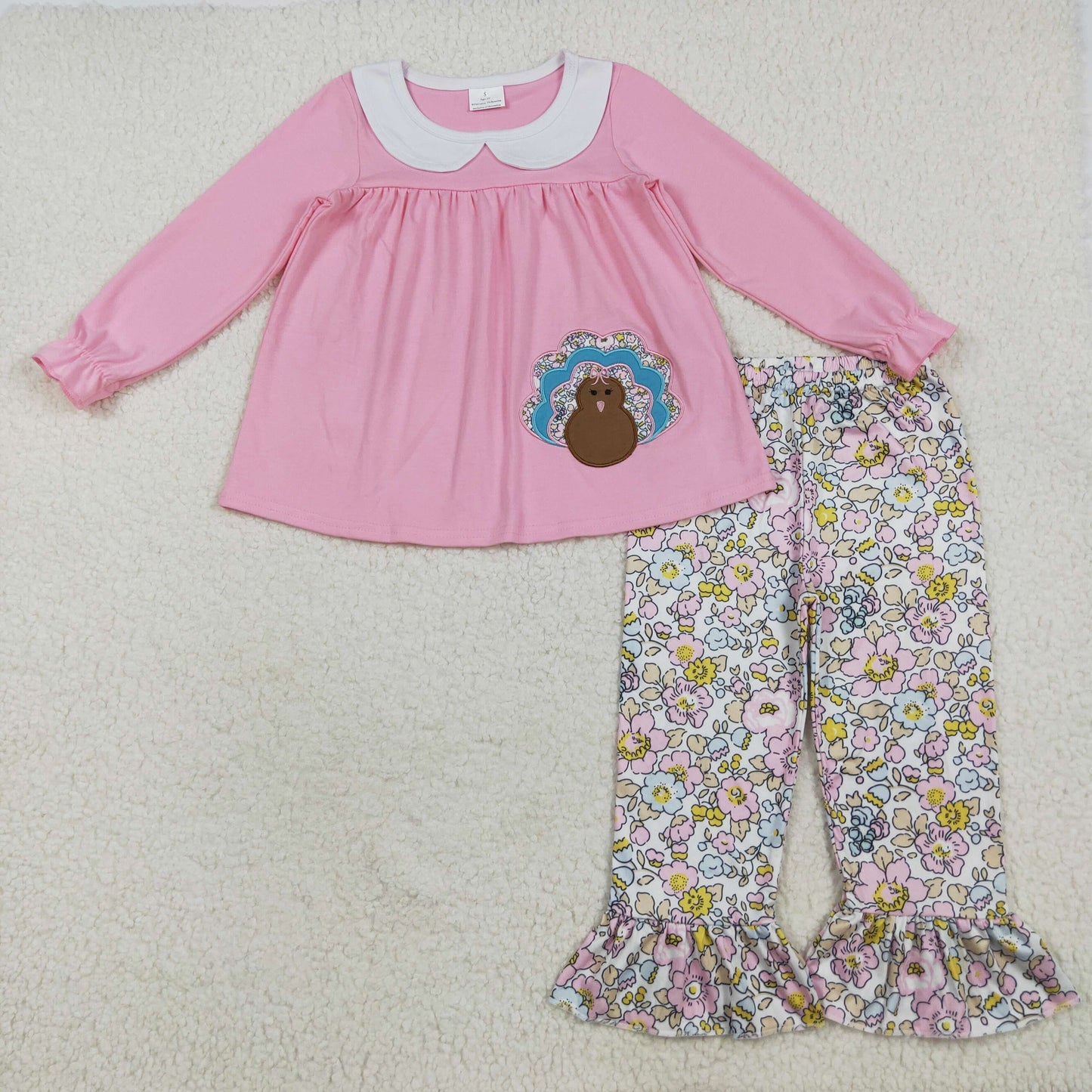 Sibling Baby Girls Embroidery Turkey Pie Pumpkins Tunic Pants Thanksgiving Clothes Sets