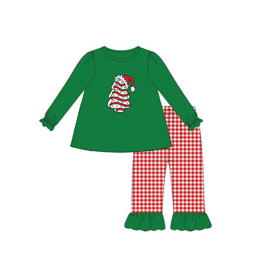 Baby Girls Green Long Ruffle Sleeves Tree Hat Tunic Red Plaid Pant Set Preorder