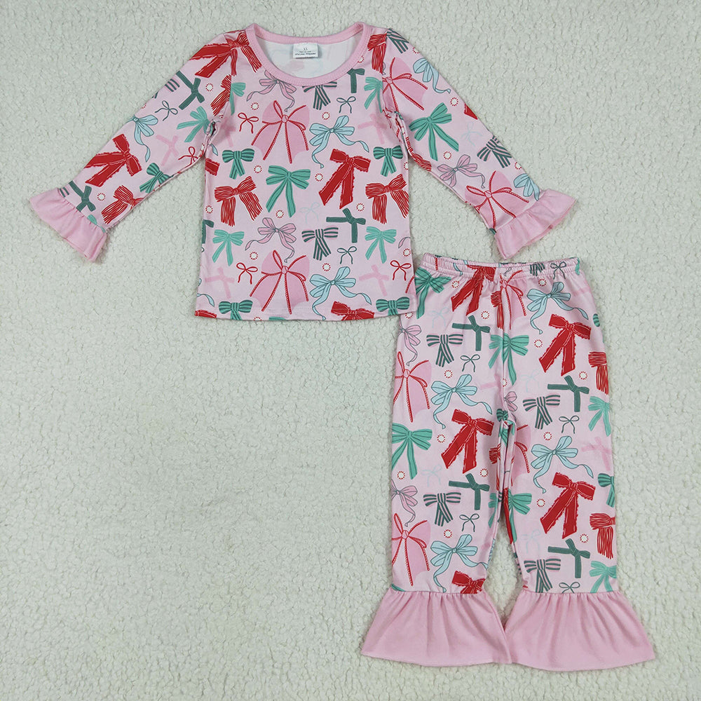 Baby Girls Pink Colorful Bows Top Pant Pajamas Sets