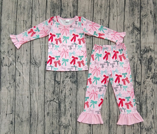 Baby Girls Pink Colorful Bows Top Pant Pajamas Sets