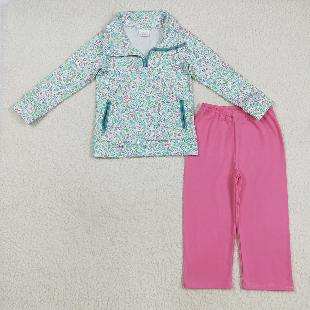 Baby Girls Long Sleeves Green Floral Pockets Zipper Top Pink Pants Sets