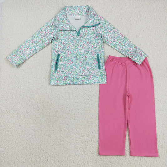 Baby Girls Long Sleeves Green Floral Pockets Zipper Top Pink Pants Sets