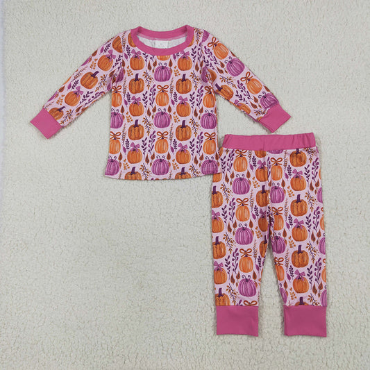 Baby Girls Long Sleeves Hot Pink Floral Pumpkins Top Pant Pajamas Sets