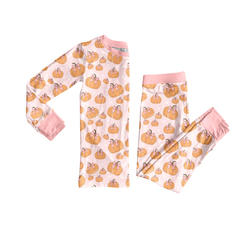 Baby Girls Pink Bows Pumpkins Top Pant Fall Pajamas Set