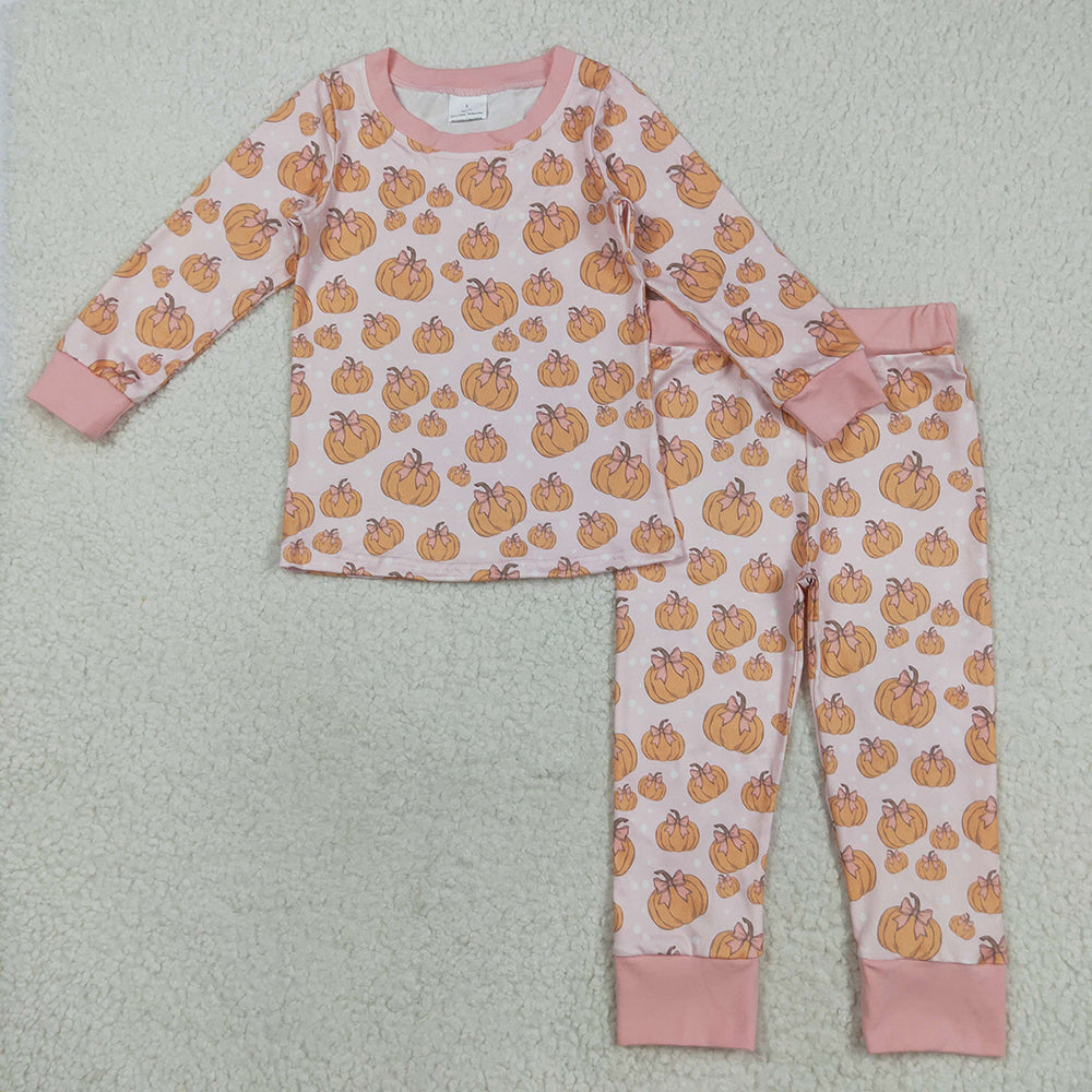 Baby Girls Pink Bows Pumpkins Top Pant Fall Pajamas Set