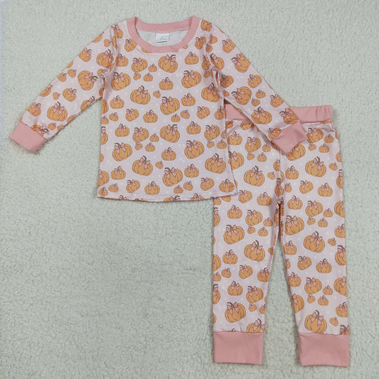 Baby Girls Pink Bows Pumpkins Top Pant Fall Pajamas Set