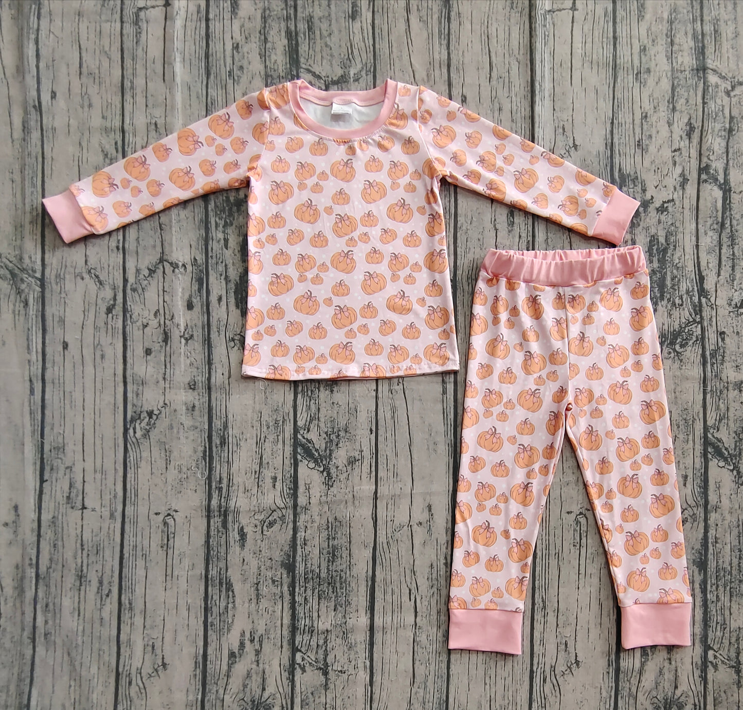 Baby Girls Pink Bows Pumpkins Top Pant Fall Pajamas Set