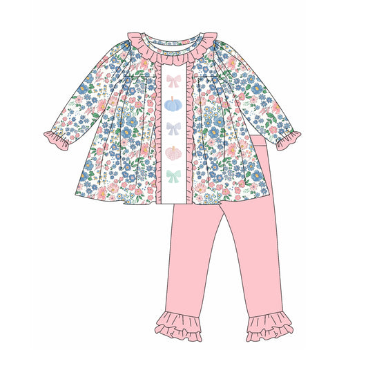 Baby Girls Long Sleeves Bows Pumpkins Floral Tunic Ruffle Pant Set Preorder